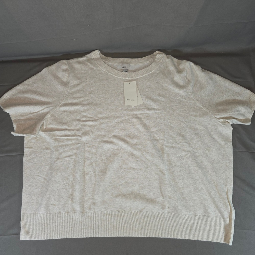 A New Day Womens 4X Oatmeal Short Sleeve Knit Top Cashmere Soft Crew Sweater